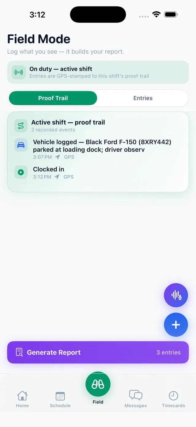 Garrizon FieldOS on iPhone — an active shift's proof trail with GPS-stamped clock-in and vehicle log entries, and a Generate Report button